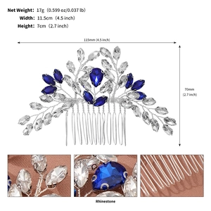Detail view of handmade bridal hair comb featuring deep blue rhinestones and silver leaves