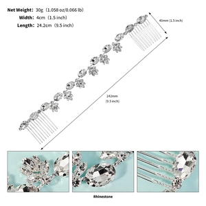 Détail du peigne de mariée avec motifs de feuilles en strass, dimensions 24,2 cm sur 4 cm