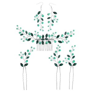 Parure de mariée avec cristaux vert émeraude incluant épingles, peigne et boucles