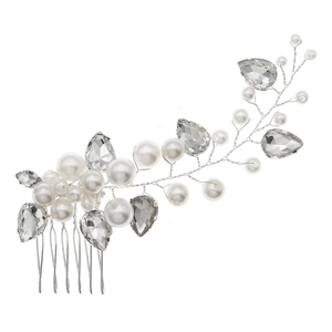 Elegant bridal hair comb with white pearls and crystals on a silver metal wire floral base