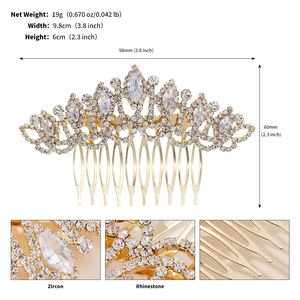 Macro detail of bridal crown hair comb featuring size 9.8x6cm and 19g weight specs