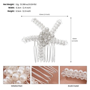 Detail view of handmade starfish hair comb with pearls, crystal beads and size measurements
