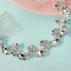 Peigne à cheveux de mariée exquis avec strass et motif de feuilles en cristal argenté