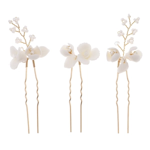 Lot de trois épingles à cheveux pour mariée avec fleurs en céramique et perles blanches