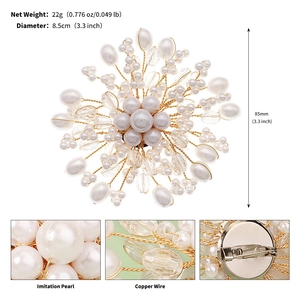 Detail of 8.5cm handmade pearl flower brooch with copper wire weave and safety pin back