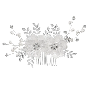 Peigne à cheveux de mariée avec fleurs blanches en perles et strass pour mariages