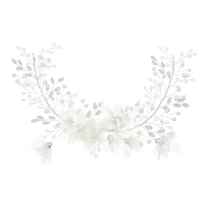 Detailed view of silver bridal hair vine with white mesh petals and artificial pearls
