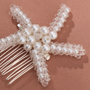 Handmade starfish hair comb with white pearls and crystals on silver metal prongs
