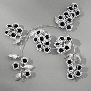 Gothic black and white rose headband with silver metal leaves for Halloween party