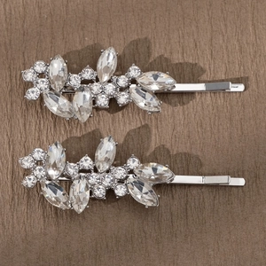 Sparkling rhinestone hair clip set with silver metal base and elegant leaf pattern