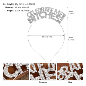 Détail des dimensions du serre-tête en alliage strass avec lettrage Celebrate Me Bitches
