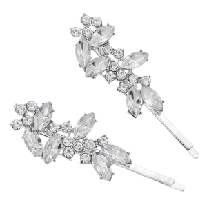 Barrettes à cheveux étincelantes en strass avec motifs de feuilles et fini argenté