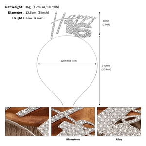 Détails du serre-tête d'anniversaire argenté avec lettrage Happy 16 en strass et dimensions