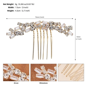 Detailed view of silver bridal hair comb with zircon dimensions and rhinestone texture