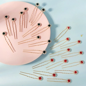 Épingles à cheveux élégantes en forme de U avec strass tournesol en rouge et vert