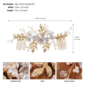 Detail view of handmade bridal hair comb with dimensions and material specifications