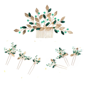 Vintage Gold Leaf Rhinestone Bridal Hair Comb And Hairpins Handmade Green Crystal Wedding Headpiece For Women Party Jewelry