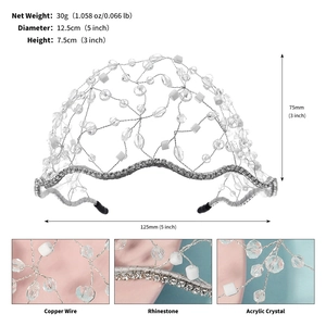 Detailed views of silver crystal bridal headband with dimensions and macro textures