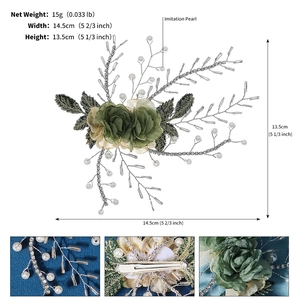 Detail of forest green and beige fabric flowers with pearls and silver metal clip