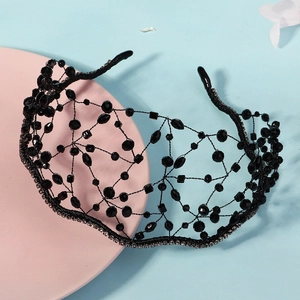 Handmade black crystal mesh headband with clear rhinestones for weddings and parties