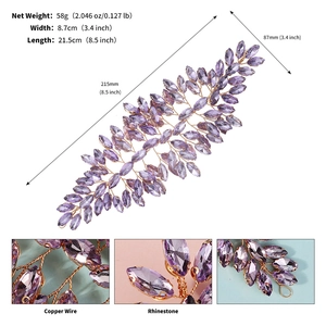 Detail of purple rhinestone leaves and gold copper wire on this handmade bridal headband