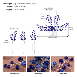 Vue détaillée du kit peigne de mariée en cristal bleu avec dimensions et matériaux