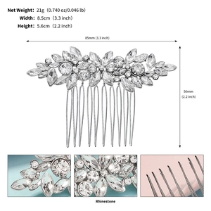 Détail du peigne à cheveux de mariée avec strass et motif de feuilles avec mesures