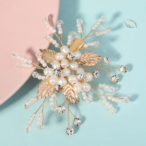 Handmade pearl flower hair clip with golden metal leaves and crystal rhinestones