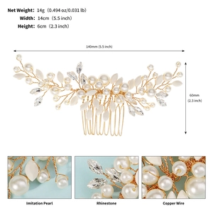 Détails macro d'un peigne à cheveux de mariée avec perles, cristaux et dimensions