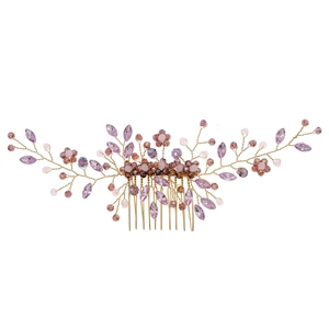 Handmade bridal hair comb with purple crystals and gold wire for elegant vintage hairstyles