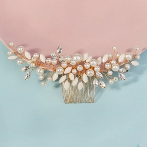 Peigne à cheveux de mariée avec perles et strass au design doré fait à la main
