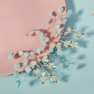 Silver crystal flower and leaf elf ear cuff wrap with light blue crushed stones