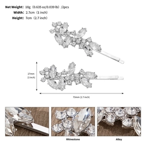 Detail view of silver alloy leaf hair clips with clear rhinestones and size measurements