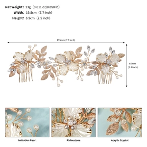 Détails du peigne de mariée montrant 19,5 cm de large et ornements de perles et feuilles