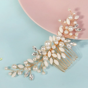 Peigne à cheveux de mariée doré élégant avec perles et cristaux pour mariage