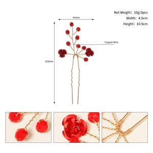 Vue détaillée du pic à cheveux en cristal rouge fait main avec dimensions et fil de cuivre