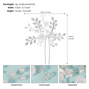 Vue détaillée d'épingle à cheveux de mariée faite main avec fleurs blanches et strass