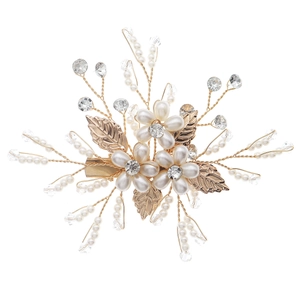 Elegant handmade bridal hair clip with gold metal flowers, white pearls and shiny rhinestones