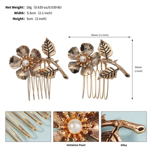Detailed macro view of vintage flower hair comb with imitation pearls and alloy texture