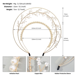 Detailed view of handmade double-layer bridal headband with imitation pearls and copper wire