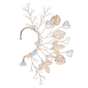 Handmade gold wire ear cuff with leaf motifs, heart pearls and blue crystals