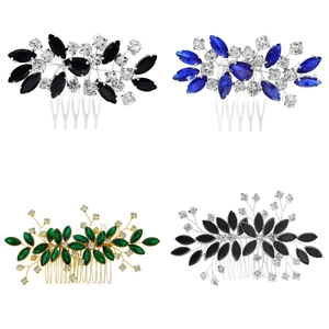 Detailed macro view of four vintage rhinestone bridal hair combs in multiple colors