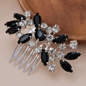 Vintage silver hair comb with black and clear rhinestones for wedding and formal hairstyles