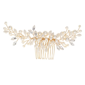 Peigne à cheveux de mariée doré avec perles blanches, strass en cristal et détails de feuilles