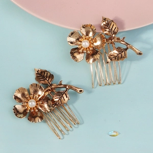 Golden vintage floral hair combs with pearls for bridal wedding and evening party styling