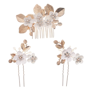 Vintage gold leaf and white flower bridal hair comb set with pearls and rhinestones