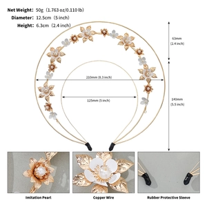Detailed view of handmade flower headband with pearls and gold leaf metallic accents