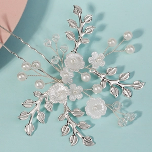 Détails de l'épingle à cheveux avec fleurs en céramique, perles et feuilles en strass