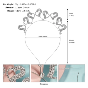 Détails du serre-tête avec cœurs en strass argenté montrant les dimensions et la structure
