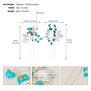 Detail of silver floral hair pins with turquoise stones and dimensions in centimeters